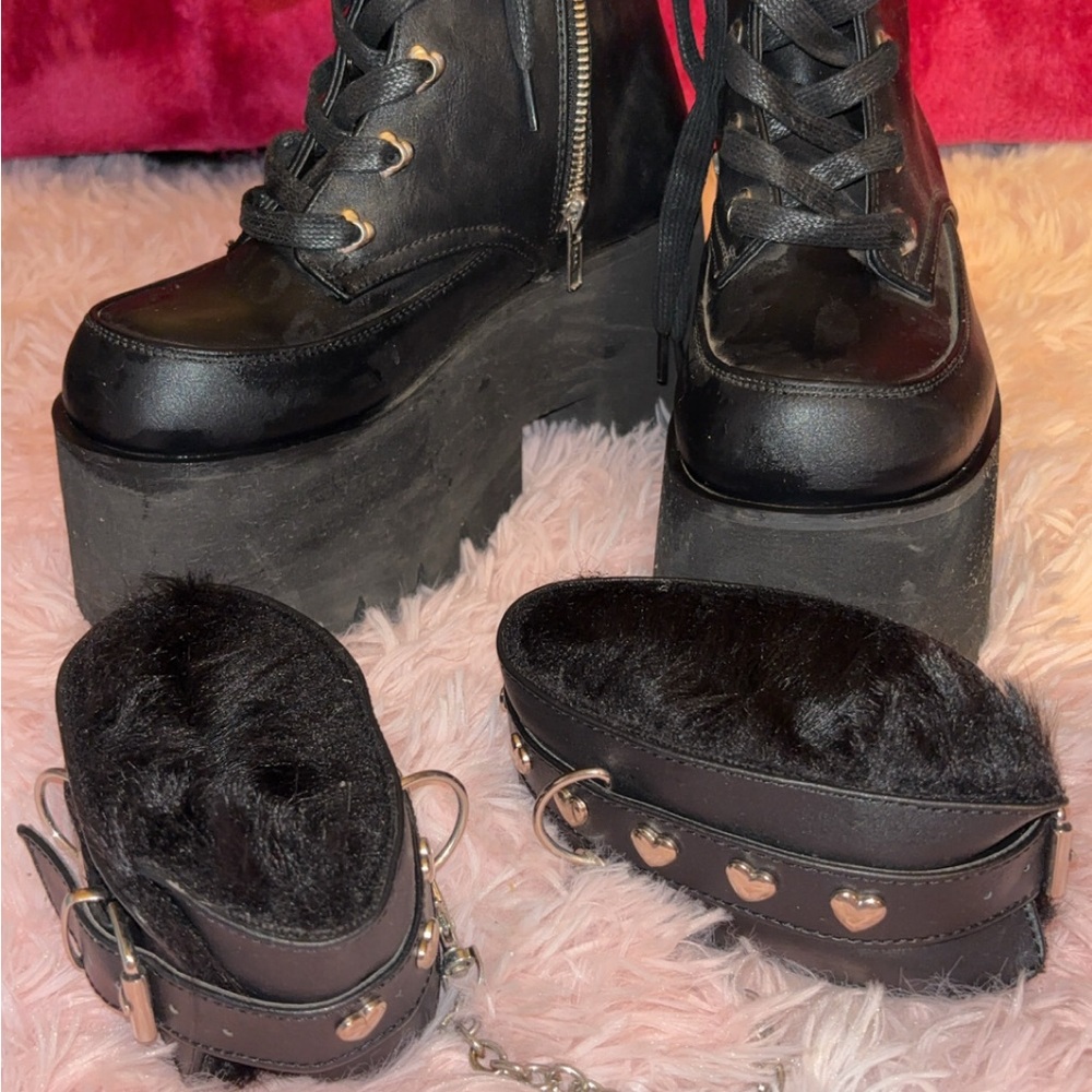 Demonia Black Platform Boots with Furry Trim and Metal Studs